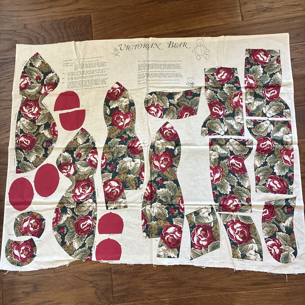 Victorian Teddy Bear Floral Red Cut-Out Fabric Panel Craft Cut Sew